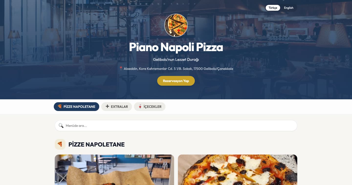 Piano Napoli Finepy dijital menüsünün masaüstü görünümü