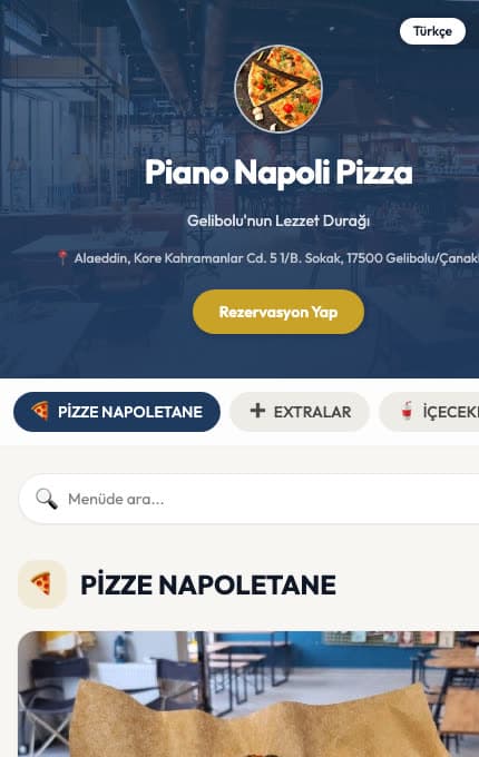 Piano Napoli Finepy dijital menüsünün mobil görünümü